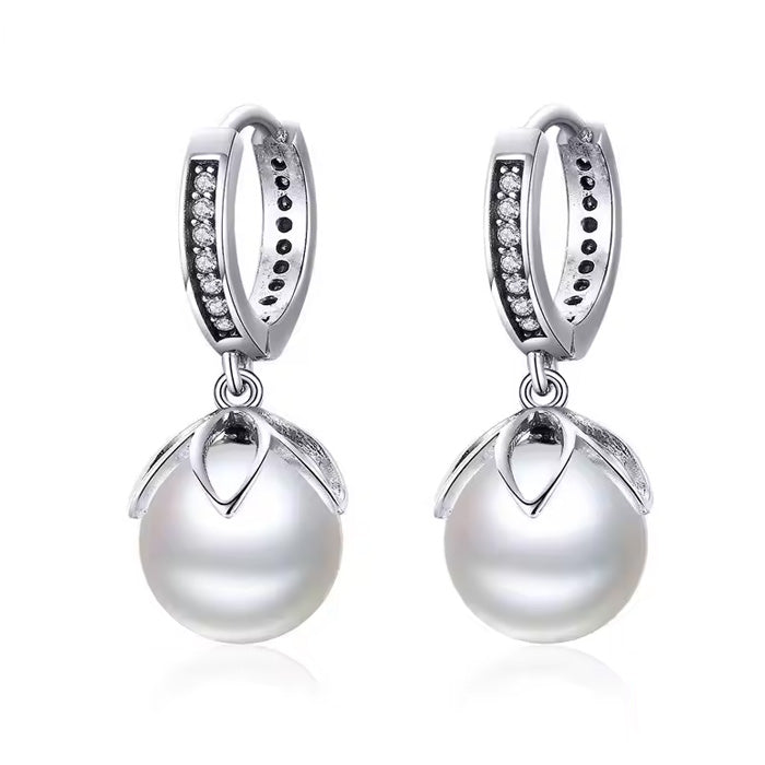 Sterling Silver Gentle Love Pearl Flower Huggie Hypoallergenic Earrings