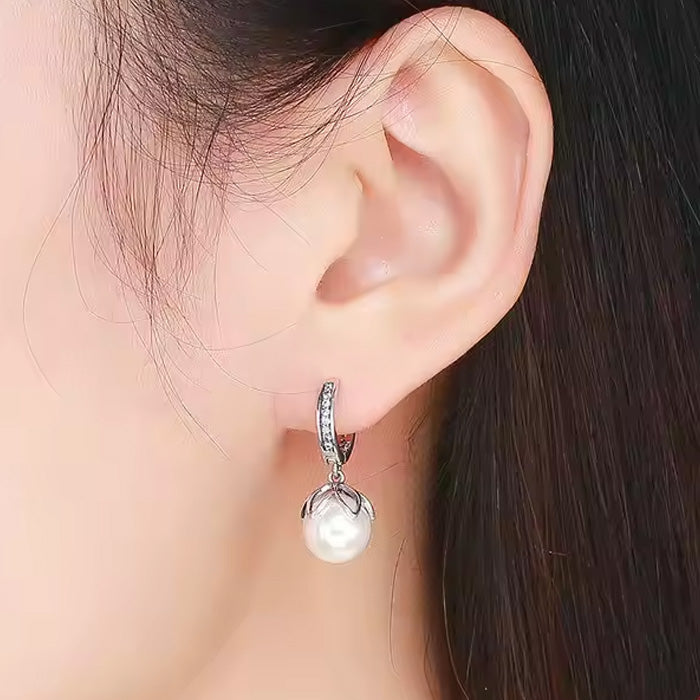 Sterling Silver Gentle Love Pearl Flower Huggie Hypoallergenic Earrings