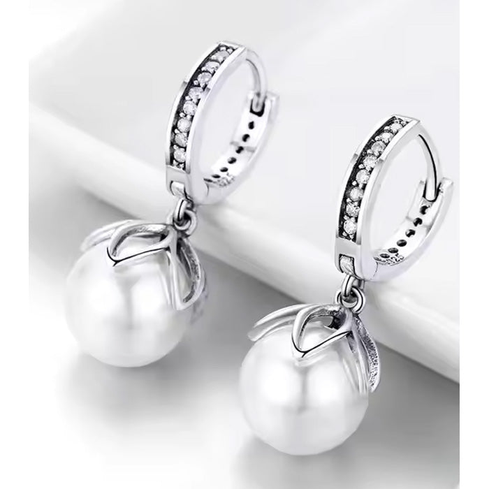 Sterling Silver Gentle Love Pearl Flower Huggie Hypoallergenic Earrings