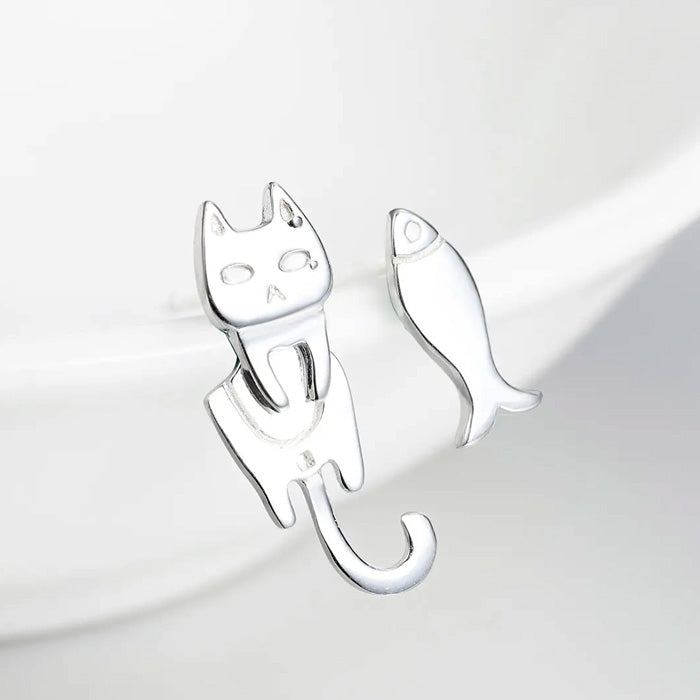 Sterling Silver Cat & Fish Stud Hypoallergenic Earrings