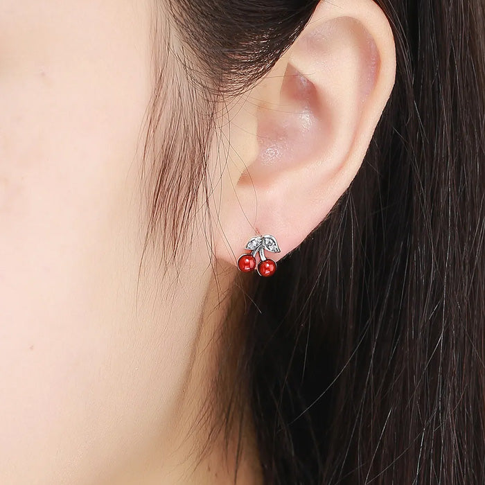 Sterling Silver Sweet Cherry Stud Hypoallergenic Earrings
