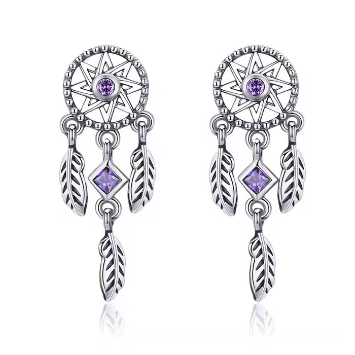 Sterling Silver Vintage Dream Catcher Drop Stud Hypoallergenic Earrings