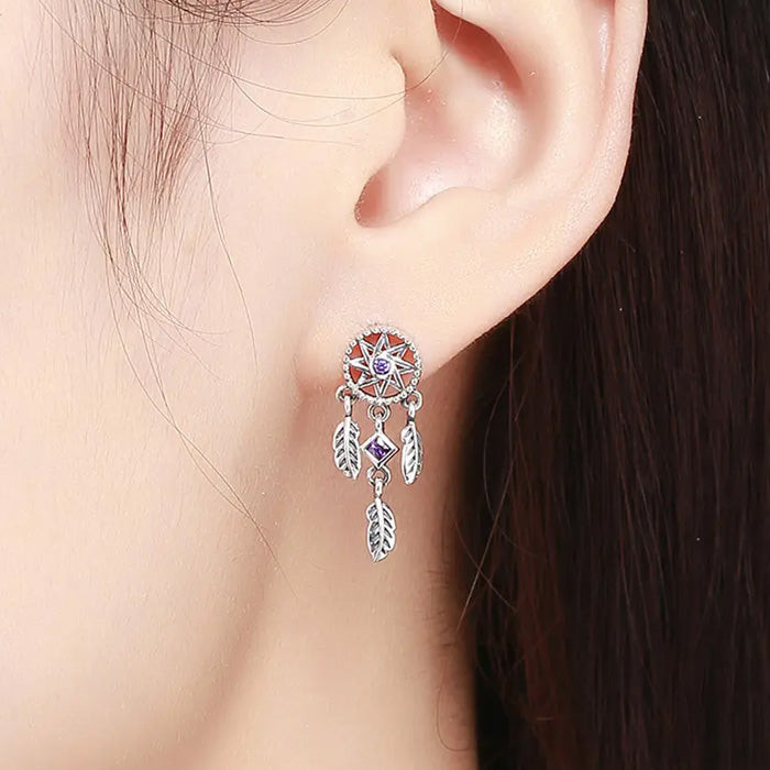Sterling Silver Vintage Dream Catcher Drop Stud Hypoallergenic Earrings
