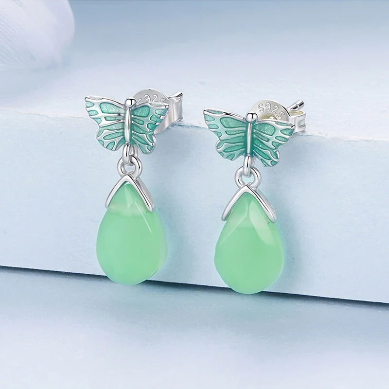 Sterling Silver Green Resin Crystal Butterfly Stud Hypoallergenic Earrings