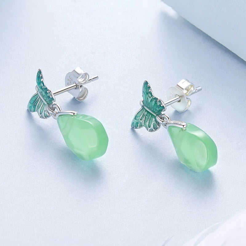 Sterling Silver Green Resin Crystal Butterfly Stud Hypoallergenic Earrings