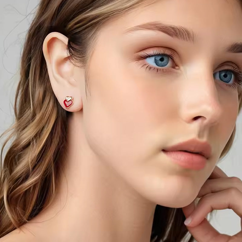 Sterling Silver Angela Red Double Heart Stud Hypoallergenic Earrings