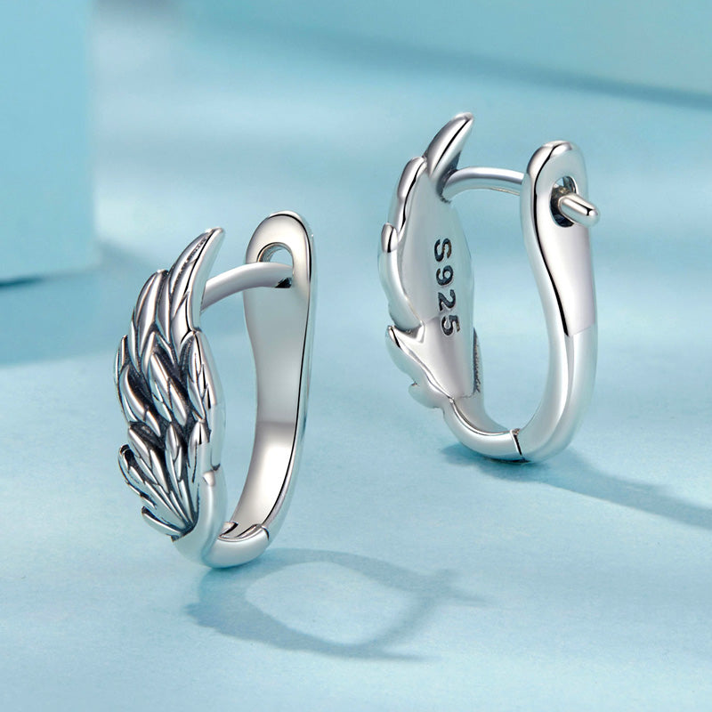 Sterling Silver Angel Feather Hoop Hypoallergenic Earrings