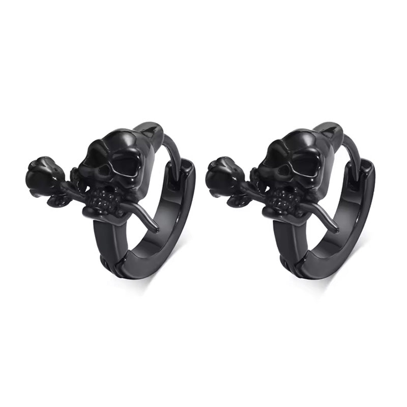 Sterling Silver Rose Skull Huggie Hypoallergenic Earrings