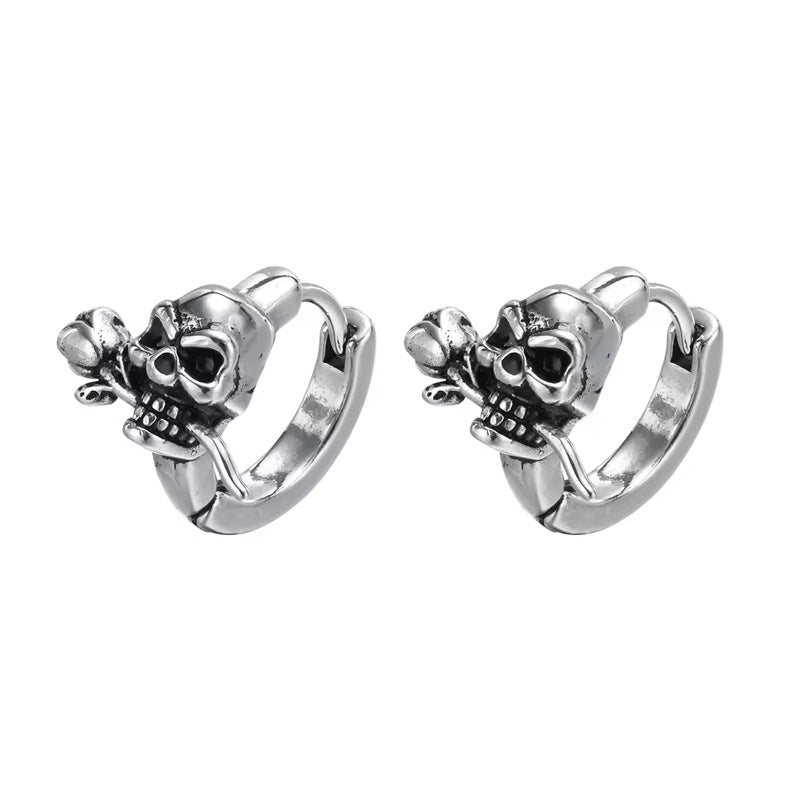 Sterling Silver Rose Skull Huggie Hypoallergenic Earrings