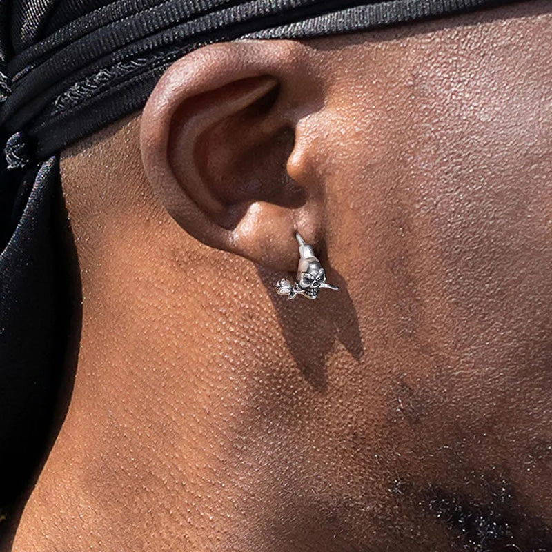 Sterling Silver Rose Skull Huggie Hypoallergenic Earrings