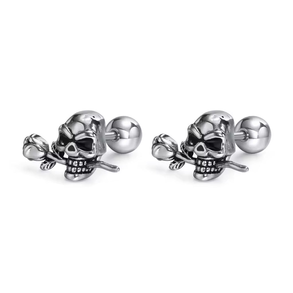 Sterling Silver Rose Skull Stud Screw Earrings