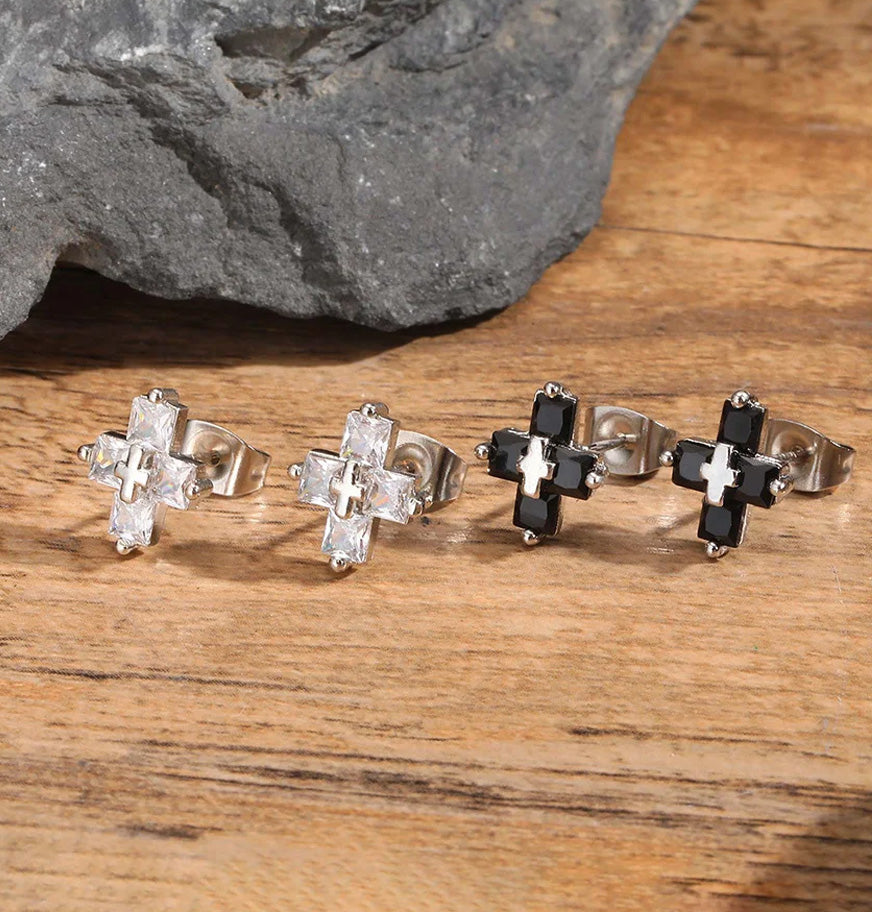 Sterling Silver Double Cross Stud Earrings