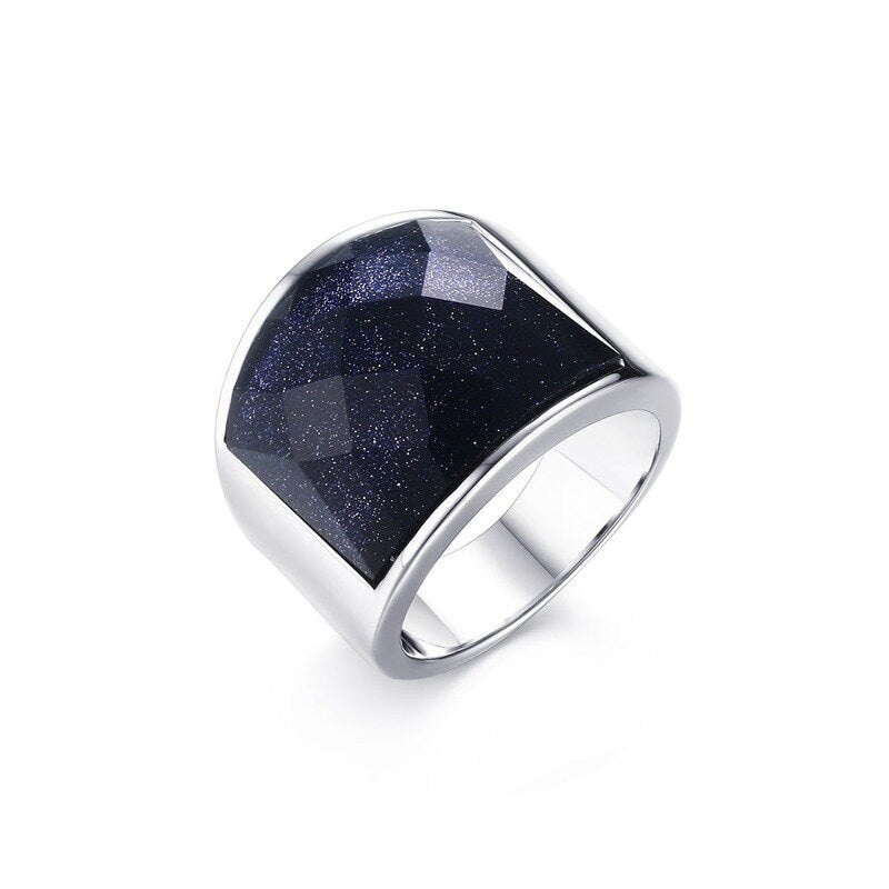 Stainless Steel Blue Square Sandstone Ring