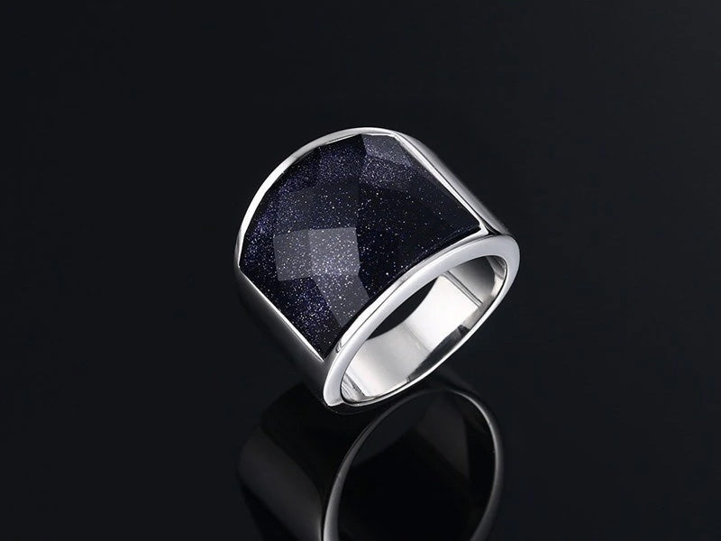 Stainless Steel Blue Square Sandstone Ring