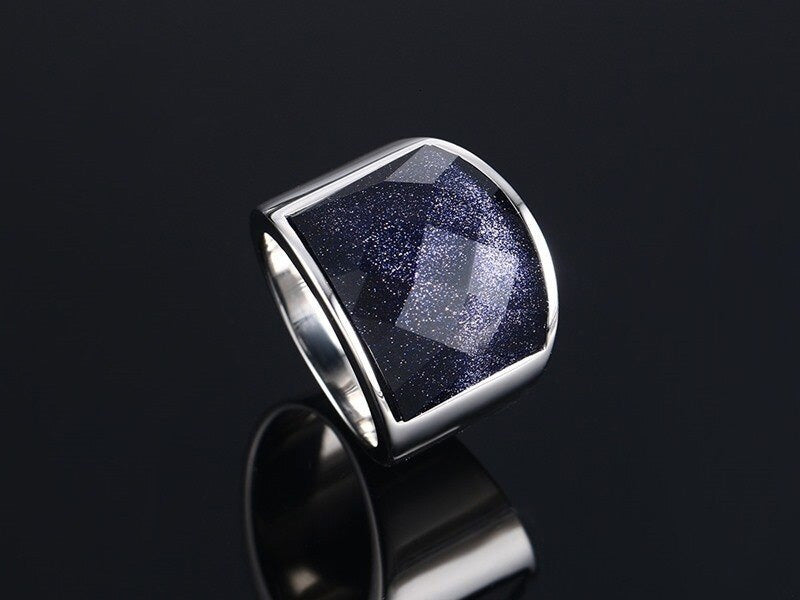 Stainless Steel Blue Square Sandstone Ring