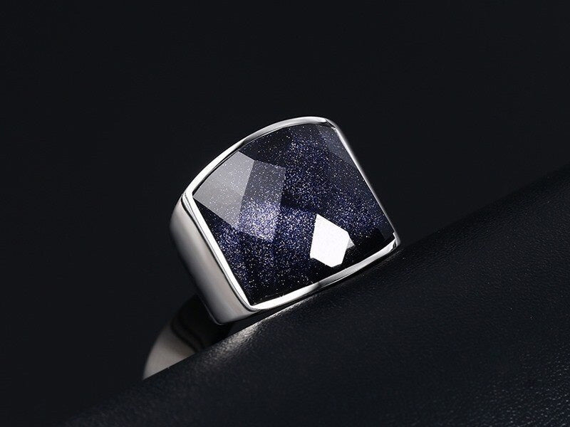 Stainless Steel Blue Square Sandstone Ring