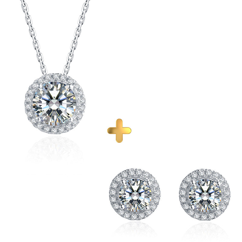 Sterling Silver Round Moissanite Stud Hypoallergenic Earrings + Necklace