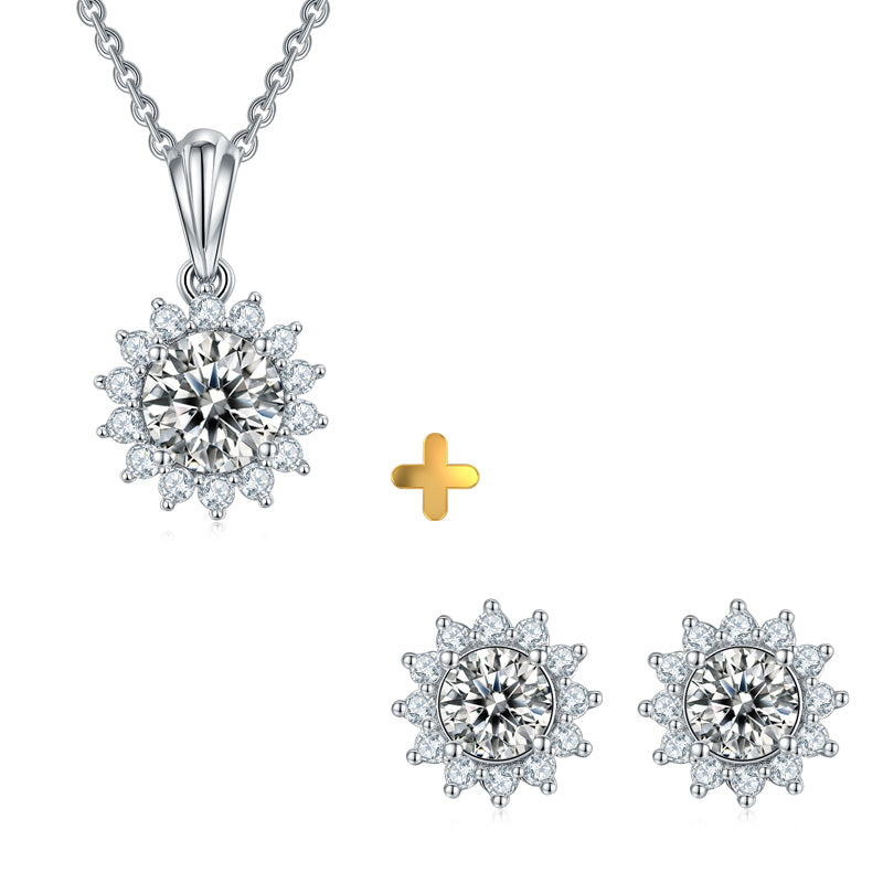 Sterling Silver Celestial Flower Moissanite Hypoallergenic Stud Earrings + Necklace