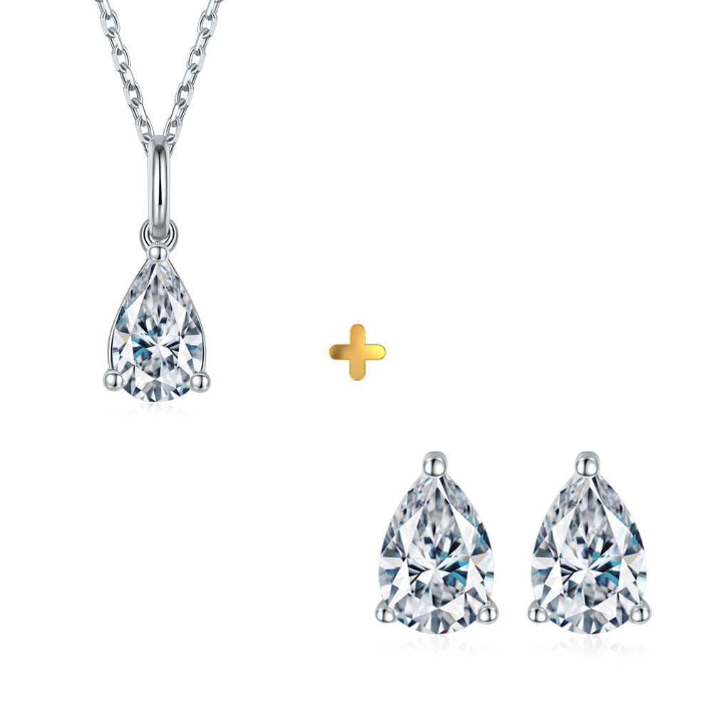 Sterling Silver Teardrop Moissanite Stud Hypoallergenic Earrings + Necklace
