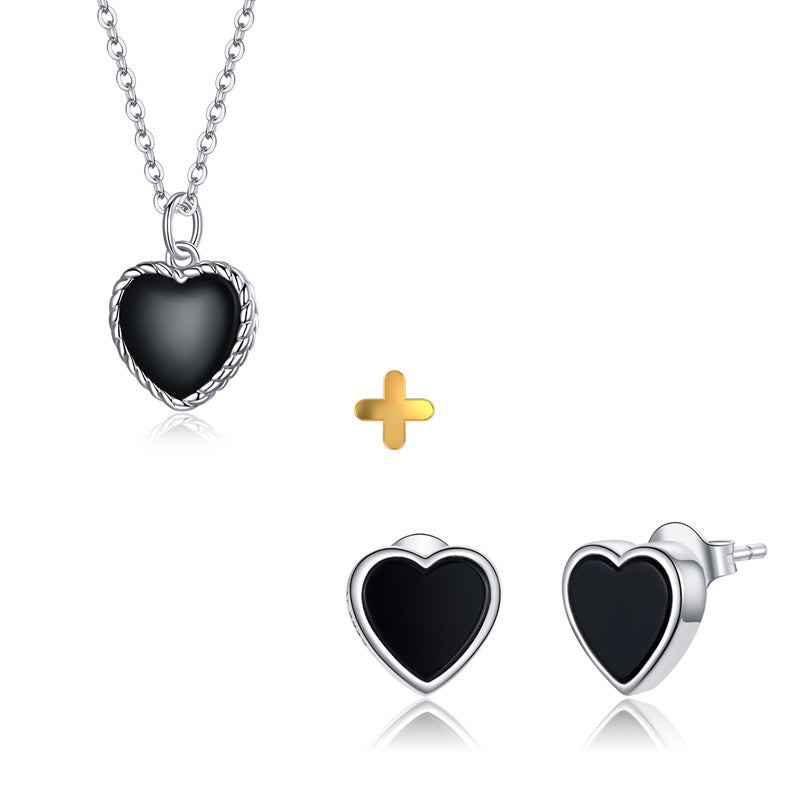 Sterling Silver Black Agate Heart Stud Hypoallergenic Earrings + Necklace