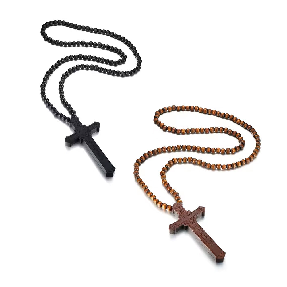 Long Wooden Cross Rosary Necklace