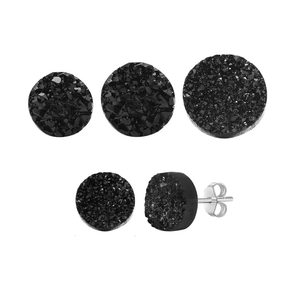 Sterling Silver Black Druzy Round Stud Earrings