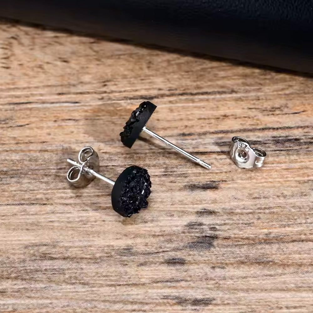 Sterling Silver Black Druzy Round Stud Earrings