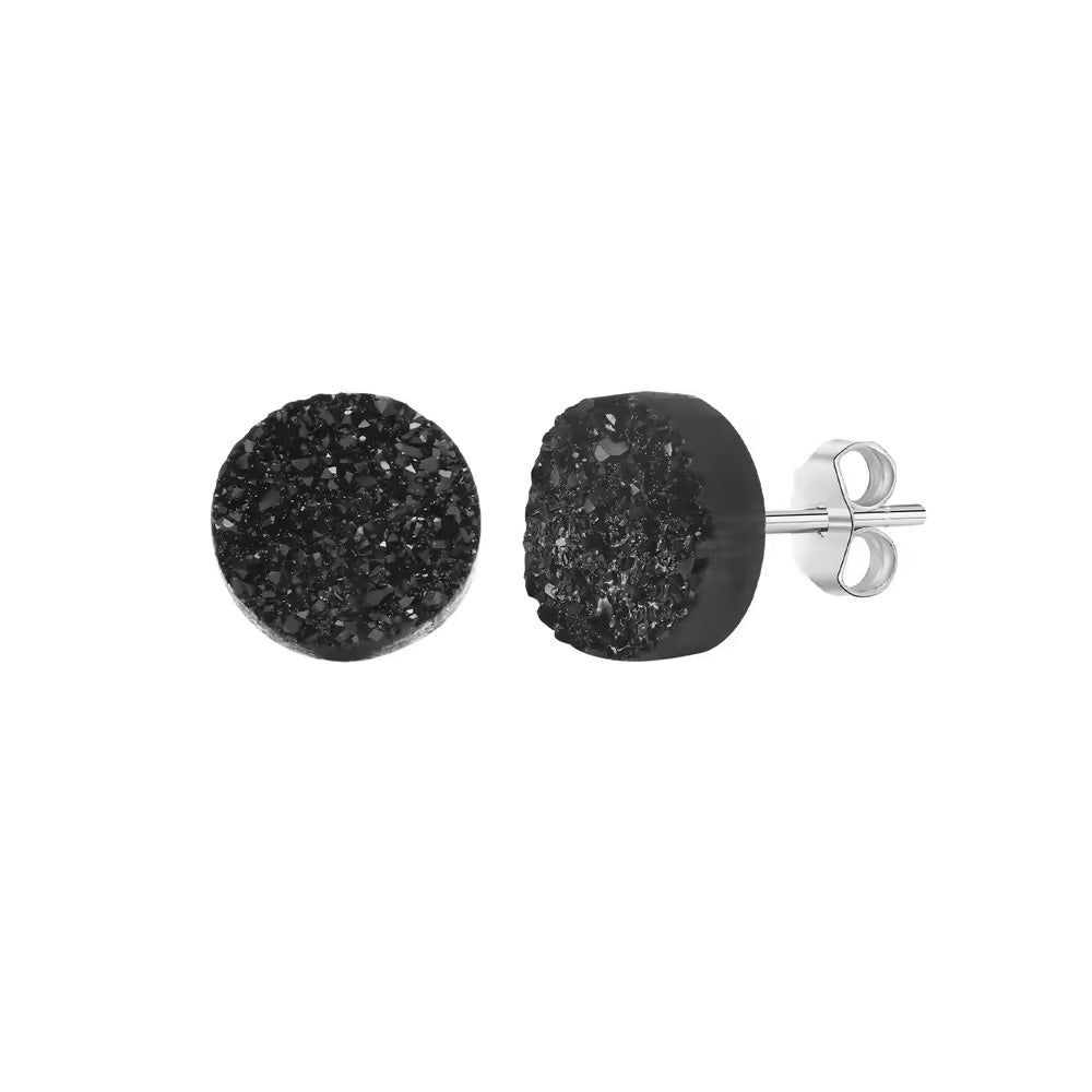Sterling Silver Black Druzy Round Stud Earrings
