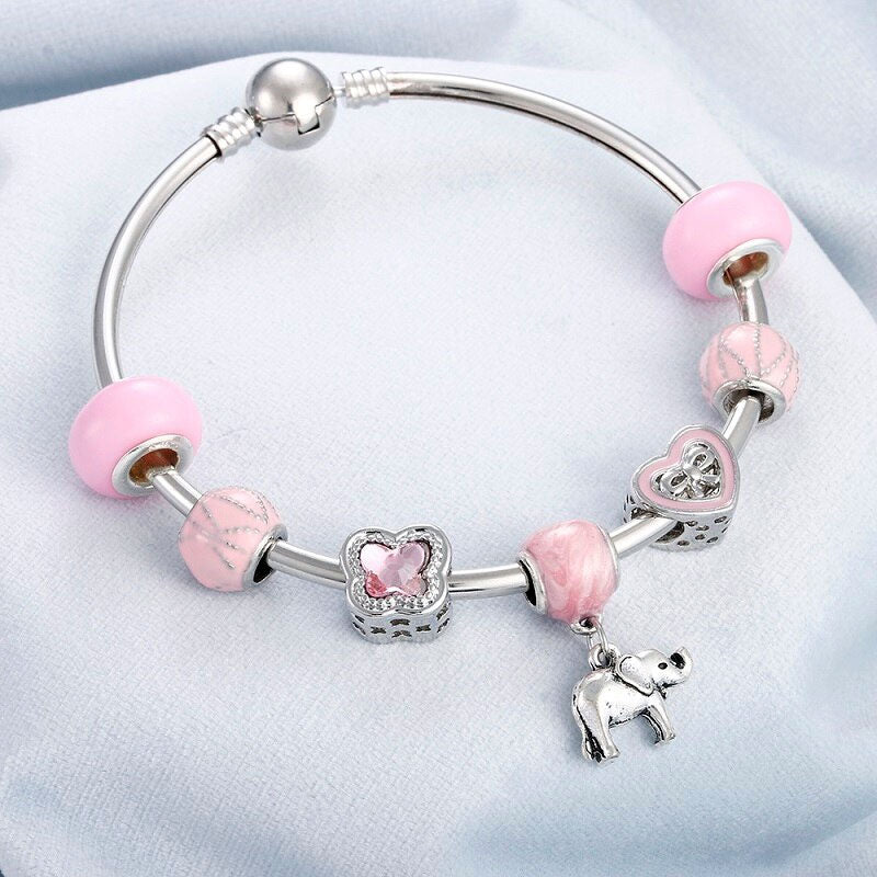 Crystal Beads Elephant Charm Bangle