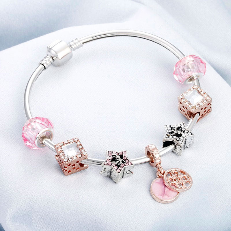 Crystal Beads Cube, Star & Disc Charm Bangle