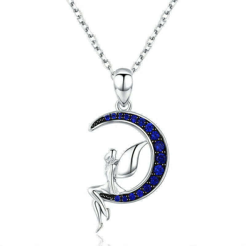 Sterling Silver Lucky Fairy On Blue Moon Hypoallergenic Necklace