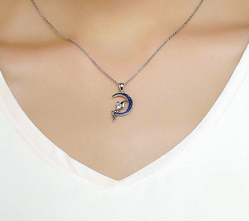 Sterling Silver Lucky Fairy On Blue Moon Hypoallergenic Necklace