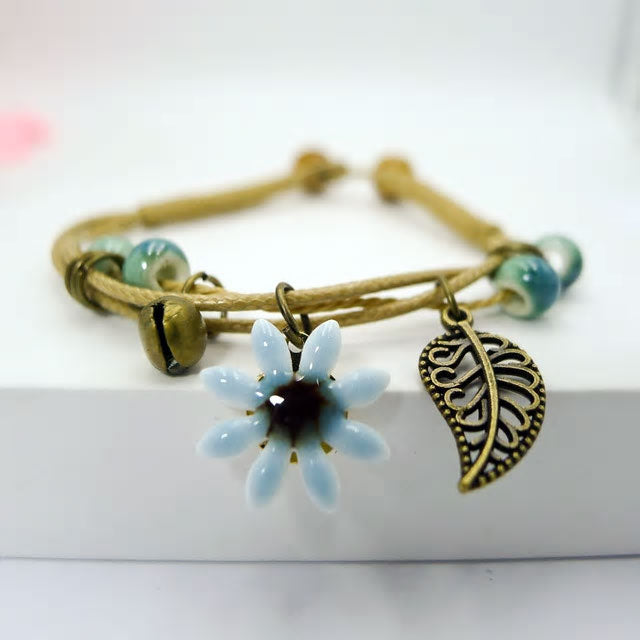 Flower & Leaf Ceramic Rope Bracelet - Various