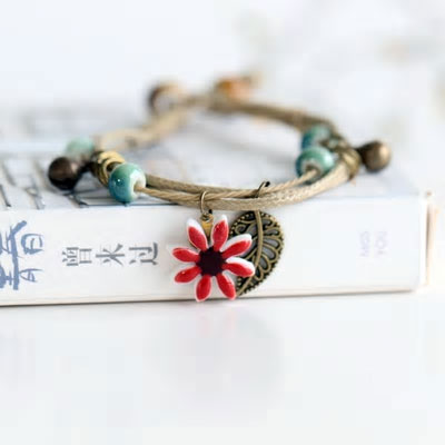 Flower & Leaf Ceramic Rope Bracelet - Various