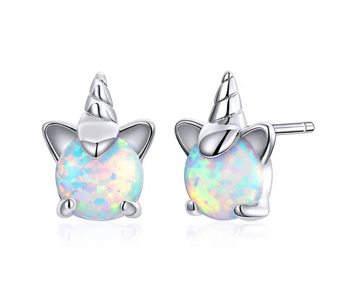 Sterling Silver Opal Unicorn Stud Hypoallergenic Earrings