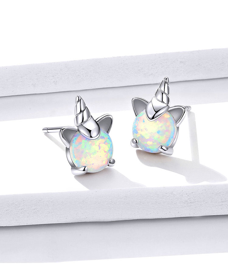 Sterling Silver Opal Unicorn Stud Hypoallergenic Earrings