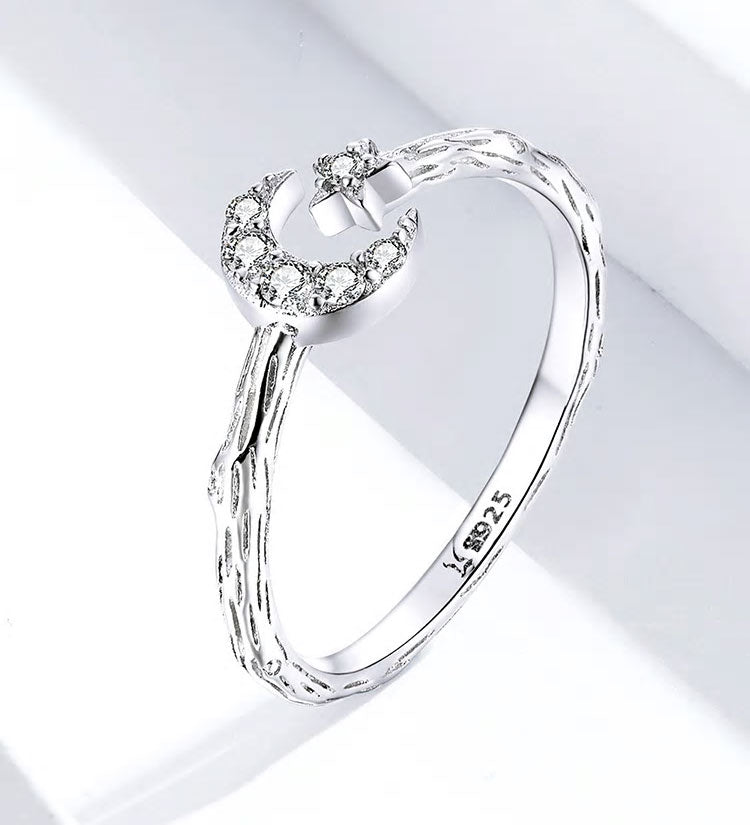 Sterling Silver Moon & Star Adjustable Hypoallergenic Ring