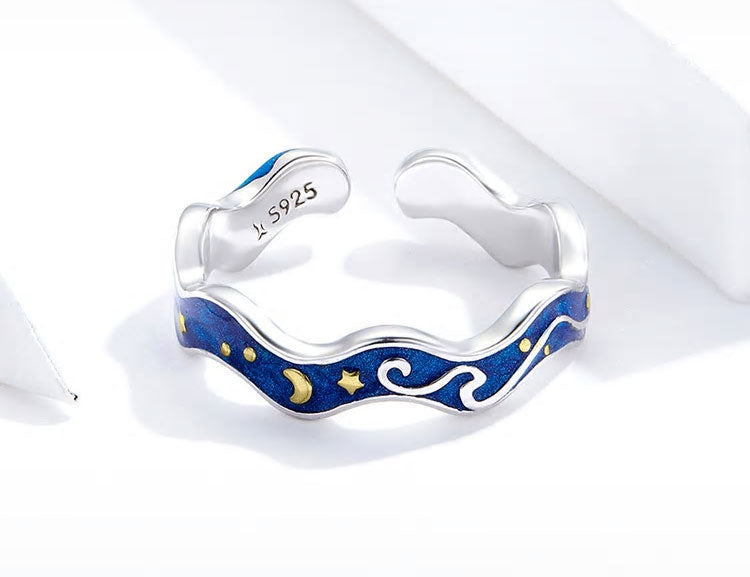 Sterling Silver Starry Night Of Van Gogh Adjustable Hypoallergenic Ring
