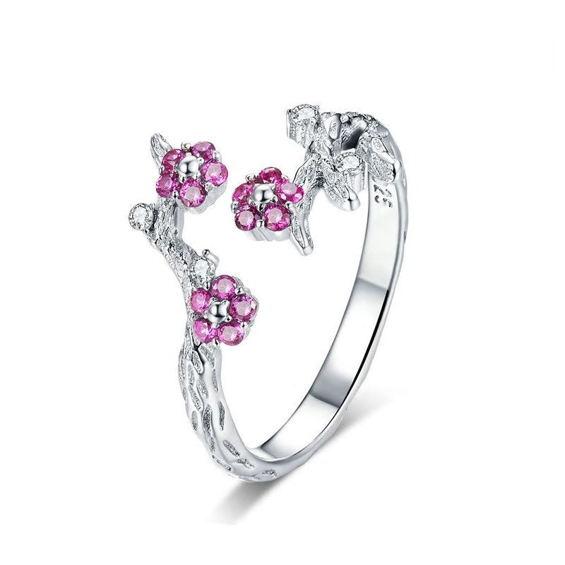 Sterling Silver Winter Blooming Plum Flower Adjustable Hypoallergenic Ring