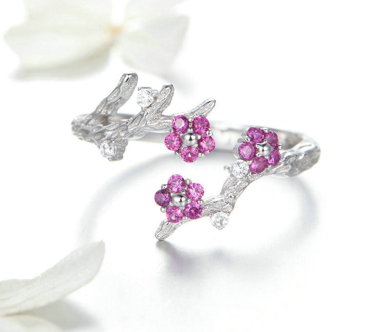 Sterling Silver Winter Blooming Plum Flower Adjustable Hypoallergenic Ring