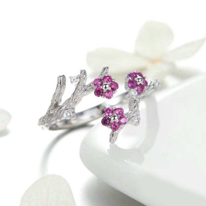 Sterling Silver Winter Blooming Plum Flower Adjustable Hypoallergenic Ring