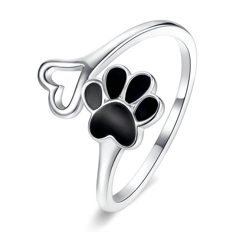 Sterling Silver Pet Paw & Heart Adjustable Hypoallergenic Ring