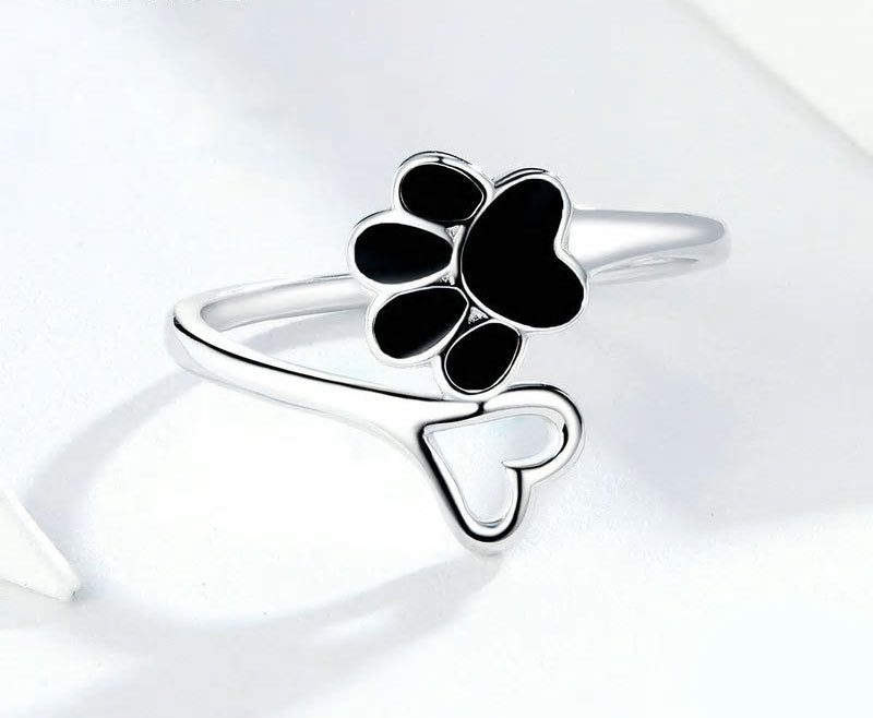 Sterling Silver Pet Paw & Heart Adjustable Hypoallergenic Ring