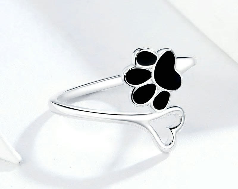 Sterling Silver Pet Paw & Heart Adjustable Hypoallergenic Ring