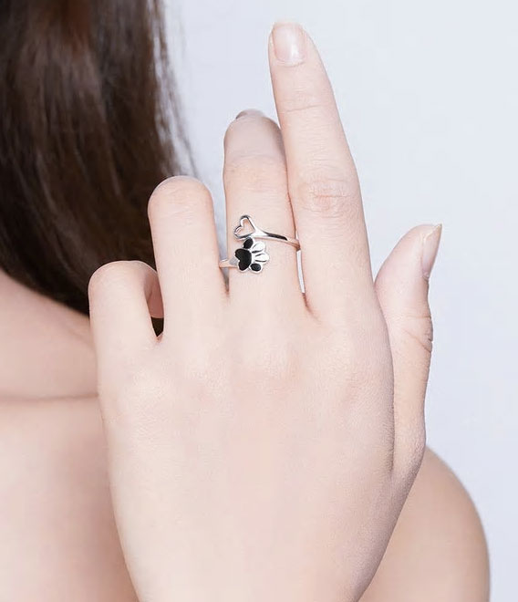 Sterling Silver Pet Paw & Heart Adjustable Hypoallergenic Ring