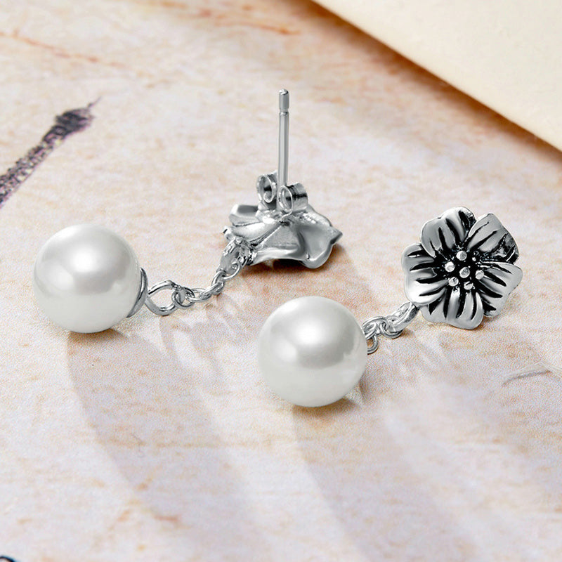 Sterling Silver Flower & Pearl Drop Hypoallergenic Earrings