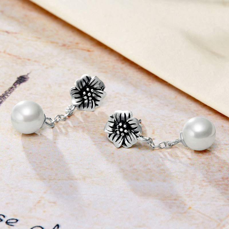Sterling Silver Flower & Pearl Drop Hypoallergenic Earrings