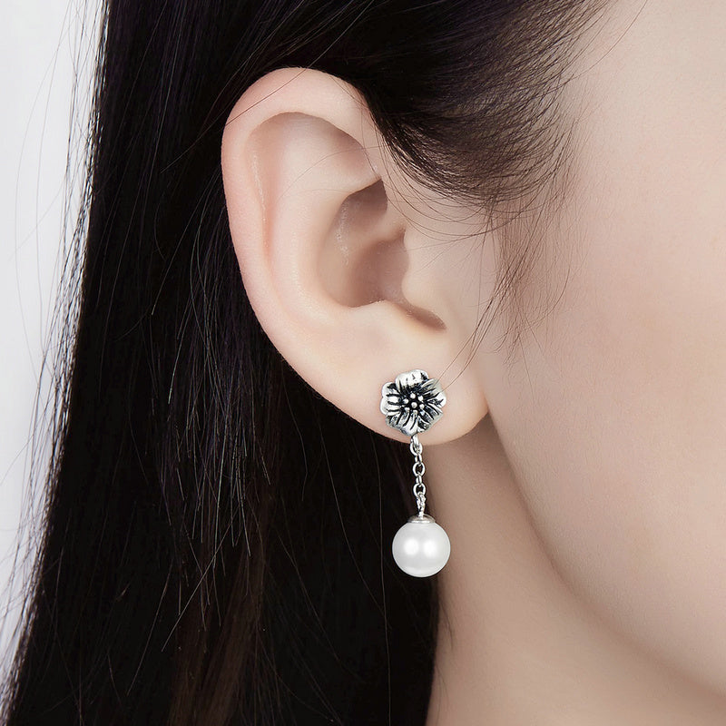 Sterling Silver Flower & Pearl Drop Hypoallergenic Earrings