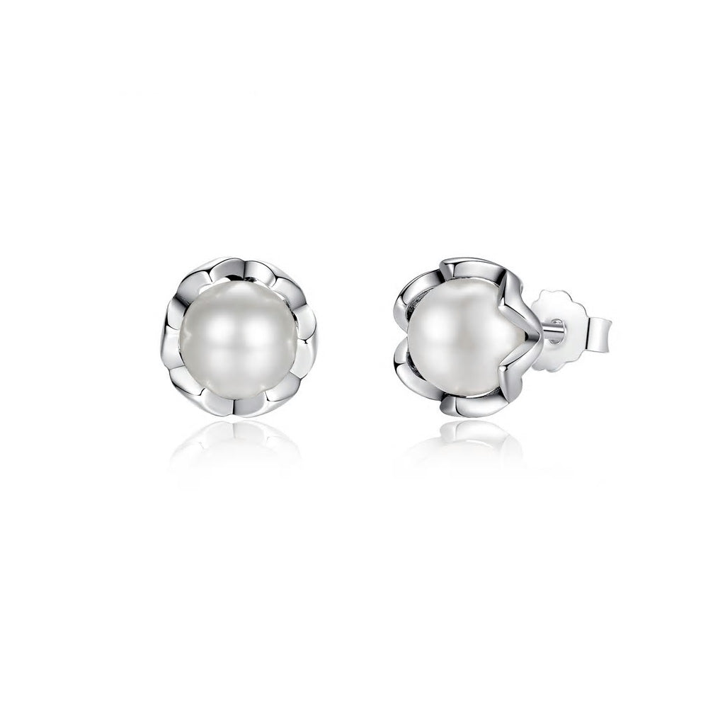 Sterling Silver Flower Bud & Pearl Hypoallergenic Earrings