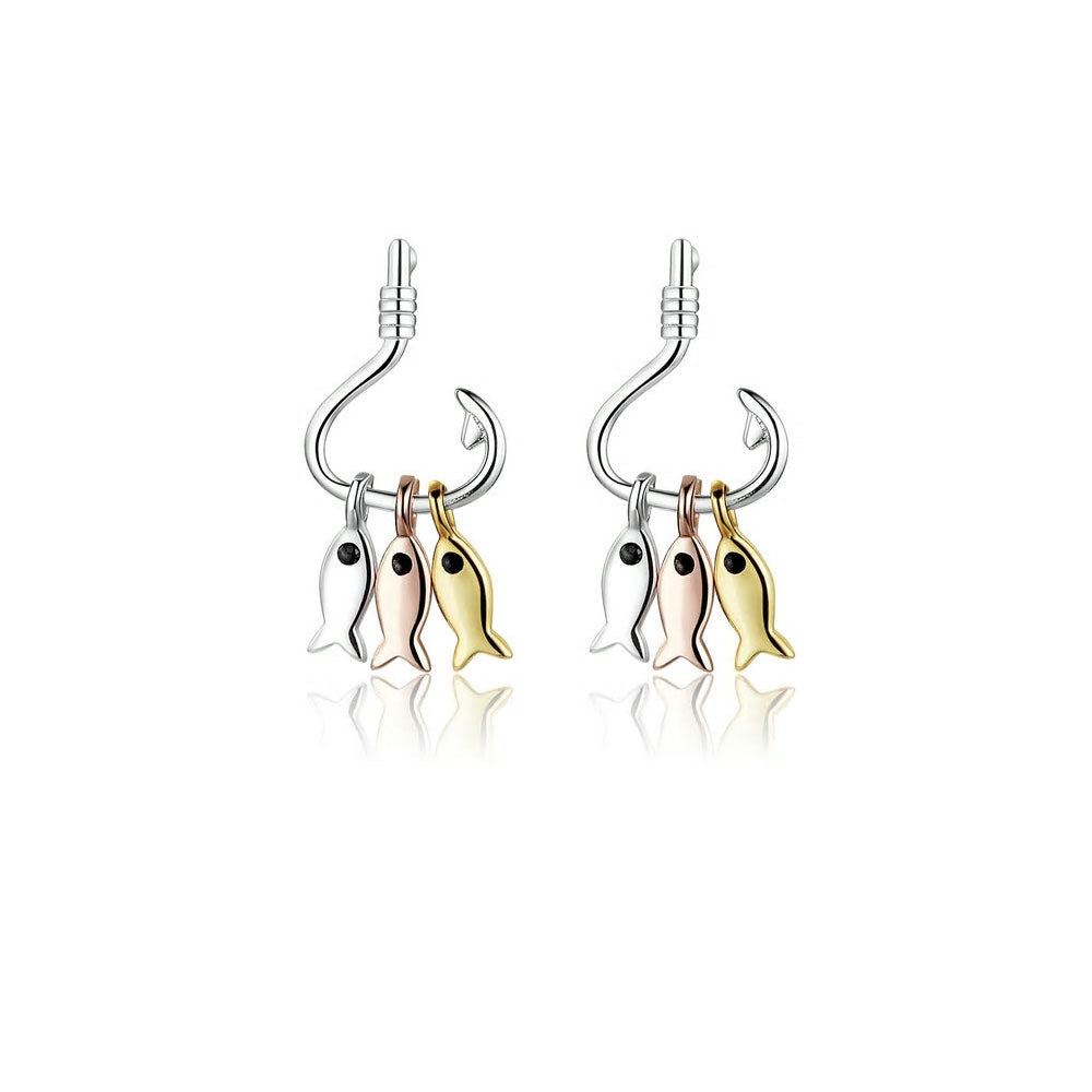 Sterling Silver Fish On A Hook Stud Hypoallergenic Earrings